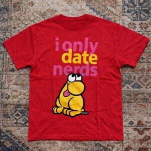 Gildan Red Graphic Tee with Yellow Cartoon Frog and Pink/Yellow Text
